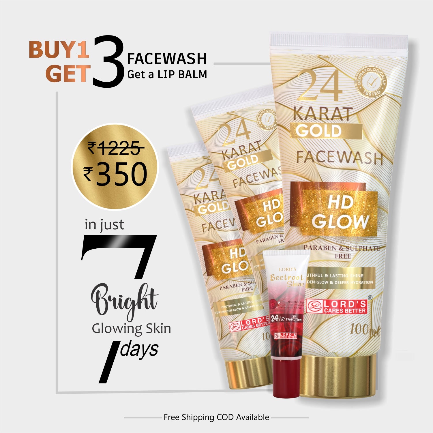 Buy 1 Get 3 Free - 24 Karat Gold Face Wash +Lip Balm(300ml+10g)