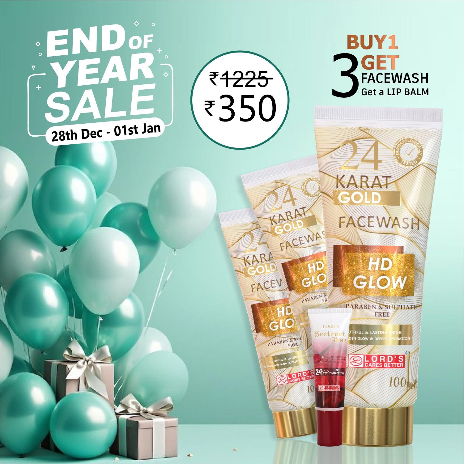 Buy 4 @350 - 24 Karat Gold Face Wash +Lip Balm(300ml+10g)